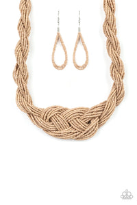 Countless strands of brown tan seed beads are twisted and knotted together to create an unforgettable statement piece. Features an adjustable clasp closure. Sold as one individual necklace. Includes one pair of matching earrings.