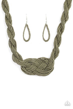 Load image into Gallery viewer, Countless strands of Martini Olive seed beads are twisted and knotted together to create an unforgettable statement piece. Features an adjustable clasp closure.  Sold as one individual necklace. Includes one pair of matching earrings.
