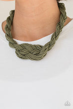 Load image into Gallery viewer, Countless strands of Martini Olive seed beads are twisted and knotted together to create an unforgettable statement piece. Features an adjustable clasp closure.  Sold as one individual necklace. Includes one pair of matching earrings.
