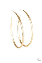Load image into Gallery viewer, Etched in shimmer, a rippling gold bar bends into a dramatic asymmetrical hoop for a showstopping look. Earring attaches to a standard post fitting. Hoop measures 3&quot; in diameter.  Sold as one pair of hoop earrings.
