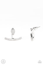 Load image into Gallery viewer, Encrusted in glassy white rhinestones, a dainty silver teardrop attaches to a double-sided post, designed to fasten behind the ear. Radiating with a row of glassy white rhinestones, a bowing silver frame peeks out beneath the ear for a bold look. Earring attaches to a standard post fitting. Sold as one pair of double-sided post earrings.
