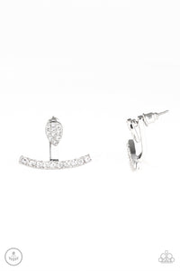 Encrusted in glassy white rhinestones, a dainty silver teardrop attaches to a double-sided post, designed to fasten behind the ear. Radiating with a row of glassy white rhinestones, a bowing silver frame peeks out beneath the ear for a bold look. Earring attaches to a standard post fitting. Sold as one pair of double-sided post earrings.