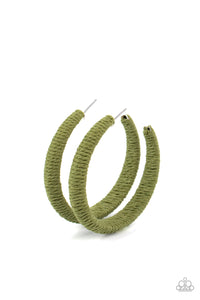 Earthy Military Olive twine-like cording is wrapped around a thick hoop, creating a colorful rustic display. Earring attaches to a standard post fitting. Hoop measures approximately 2 1/4" in diameter.  Sold as one pair of hoop earrings.