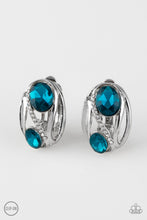 Load image into Gallery viewer, Encrusted in a section of radiant white rhinestones, glistening silver bars spin around two glittery blue rhinestones for a regal look. Earring attaches to a standard clip-on fitting. Sold as one pair of clip-on earrings.
