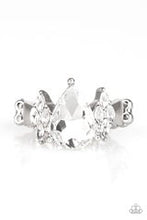 Load image into Gallery viewer, A dramatic white teardrop gem is pressed into the center of a dainty silver band. Featuring regal marquise-cuts, dainty white rhinestones flank the sparkling teardrop center for a glamorous finish. Features a dainty stretchy band.  Sold as one individual ring.
