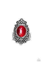 Load image into Gallery viewer, An oval Fire Whirl cat&#39;s eye stone is pressed into the center of a backdrop of studded vine-like filigree, creating an enchanting centerpiece atop the finger. Features a stretchy band for a flexible fit.  Sold as one individual ring.
