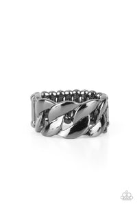 Shiny industrial gunmetal links connect in a row across the finger resulting in a bold modern vibe. Features a stretchy band for a flexible fit.  Sold as one individual ring.