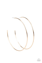 Load image into Gallery viewer, A classic gold bar curls into an outrageously oversized hoop for a trendsetting look. Earring attaches to a standard post fitting. Hoop measures approximately 4&quot; in diameter.  Sold as one pair of hoop earrings.
