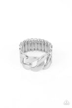 Load image into Gallery viewer, Shiny industrial silver links connect in a row across the finger resulting in a bold modern vibe. Features a stretchy band for a flexible fit.  Sold as one individual ring.
