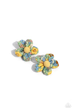 Load image into Gallery viewer, Dotted with yellow button top centers, colorful floral fabrics gather into a pair of puffy blossoms. Features standard hair clips on the back. Sold as one pair of hair clips.

