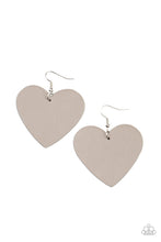 Load image into Gallery viewer, An Ultimate Gray leather heart frame swings from the ear for a flirtatiously neutral pop of color. Earring attaches to a standard fishhook fitting.  Sold as one pair of earrings.
