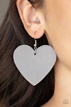 Load image into Gallery viewer, An Ultimate Gray leather heart frame swings from the ear for a flirtatiously neutral pop of color. Earring attaches to a standard fishhook fitting.  Sold as one pair of earrings.
