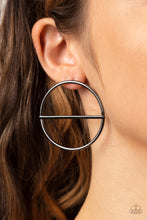 Load image into Gallery viewer, A glistening gunmetal bar runs horizontally across the center of an oversized gunmetal hoop, adding a timeless twist to the classic display. Earring attaches to a standard post fitting.  Sold as one pair of post earrings.

