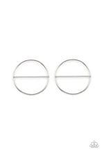 Load image into Gallery viewer, A glistening silver bar runs horizontally across the center of an oversized silver hoop, adding a timeless twist to the classic display. Earring attaches to a standard post fitting.  Sold as one pair of post earrings.
