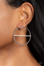 Load image into Gallery viewer, A glistening silver bar runs horizontally across the center of an oversized silver hoop, adding a timeless twist to the classic display. Earring attaches to a standard post fitting.  Sold as one pair of post earrings.
