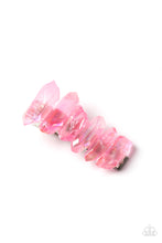 Load image into Gallery viewer, Raw cut iridescent rose quart crystals stack across the front of a rectangular silver frame, creating an ethereally earthy centerpiece. Features a standard hair clip on the back.  Sold as one individual hair clip.
