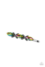 Load image into Gallery viewer, Crisscrossed ribbons of smoky hematite rhinestones separate a trio of oil spill marquise cut gems across the front of a classic gunmetal bobby pin for a stellar fashion.  Sold as one individual decorative bobby pin.
