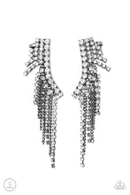 Load image into Gallery viewer, A tapered fringe of dainty gunmetal chains and glittery strands of white rhinestones cascades from the edge of a curving white rhinestone encrusted frame, creating an edgy centerpiece. Features a clip-on fitting at the top for a secure fit.  Sold as one pair of ear crawlers.

