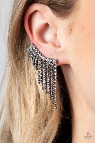A tapered fringe of dainty gunmetal chains and glittery strands of white rhinestones cascades from the edge of a curving white rhinestone encrusted frame, creating an edgy centerpiece. Features a clip-on fitting at the top for a secure fit.  Sold as one pair of ear crawlers.