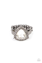 Load image into Gallery viewer, An oversized trilliant cut white rhinestone encased in a sparkling rhinestone-encrusted gunmetal frame steals the spotlight and creates an eye-catching stunner atop the finger. Features a dainty stretchy band for a flexible fit.  Sold as one individual ring.
