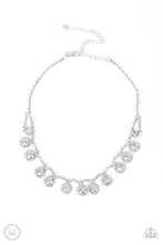 Load image into Gallery viewer, A dainty strand of glittery white rhinestones encircle solitaire white rhinestones around the neck, creating a glitzy fringe. Features an adjustable clasp closure.  Sold as one individual choker necklace. Includes one pair of matching earrings.
