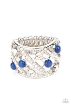 Load image into Gallery viewer, Bubbly rows of dainty opaque rhinestones, glassy blue cat&#39;s eye stones, and classic white rhinestones alternate with classic bands of dainty white rhinestones across the finger, coalescing into an effervescently elegant centerpiece. Features a stretchy band for a flexible fit.  Sold as one individual ring.
