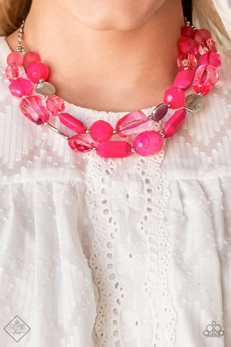 Varying in shape and opacity, a vibrant collection of faceted and smooth Raspberry Sorbet beads join textured silver discs and dainty silver beads along two thin wires, layering into a flamboyant pop of color below the collar. Features an adjustable clasp closure. Includes one pair of matching earrings.