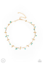 Load image into Gallery viewer, Pairs of dainty gold beads and turquoise stone beads dangle between faceted gold bars that interconnect around the neck, creating an earthy fringe. Features an adjustable clasp closure.  Sold as one individual choker necklace. Includes one pair of matching earrings.
