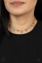 Load image into Gallery viewer, Pairs of dainty gold beads and turquoise stone beads dangle between faceted gold bars that interconnect around the neck, creating an earthy fringe. Features an adjustable clasp closure.  Sold as one individual choker necklace. Includes one pair of matching earrings.
