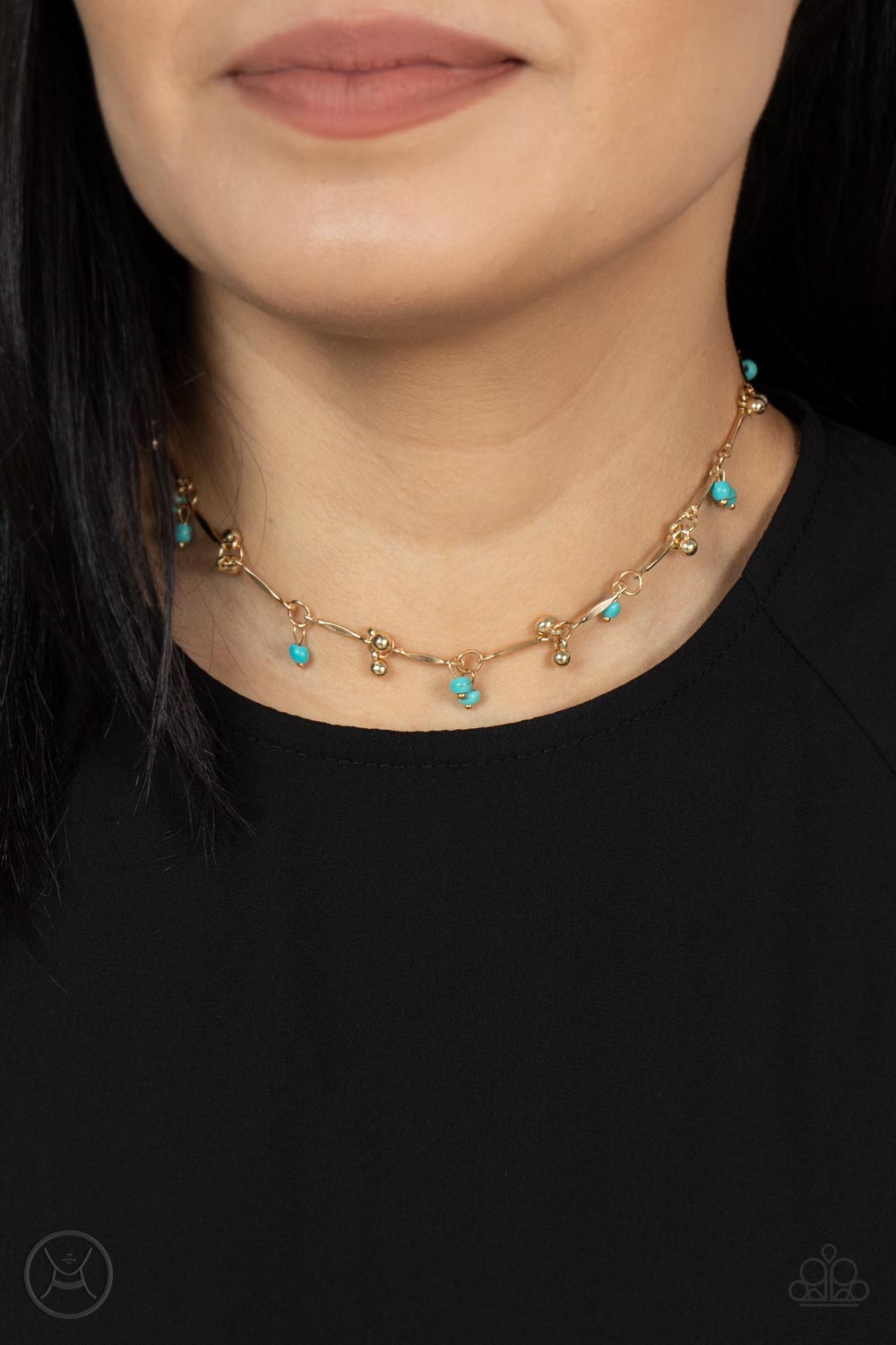 Pairs of dainty gold beads and turquoise stone beads dangle between faceted gold bars that interconnect around the neck, creating an earthy fringe. Features an adjustable clasp closure.  Sold as one individual choker necklace. Includes one pair of matching earrings.