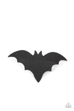 Load image into Gallery viewer, A black leather bat silhouette seemingly takes flight as it sits atop a silver clip creating an eerie illusion. Features a standard hair clip on the back.  Sold as one individual hair clip.
