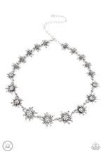 Load image into Gallery viewer, Featuring studded silver or white rhinestone encrusted centers, lifelike silver daisies gradually increase in size as they link around the necklace for a fashionably floral display. Features an adjustable clasp closure.  Sold as one individual choker necklace. Includes one pair of matching earrings.

