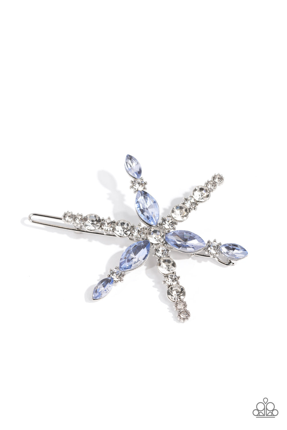 A magically mismatched collection of white round and blue marquise cut rhinestones adorn dainty silver bars that flare out into a stellar centerpiece. Features a clamp barrette closure.  Sold as one individual hair clip.