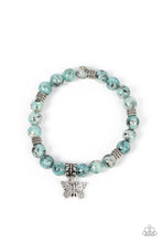 Load image into Gallery viewer, Infused with a silver butterfly charm, textured silver accents and black speckled blue stone beads are threaded along stretchy bands around the wrist for a whimsical look.  Sold as one individual bracelet.
