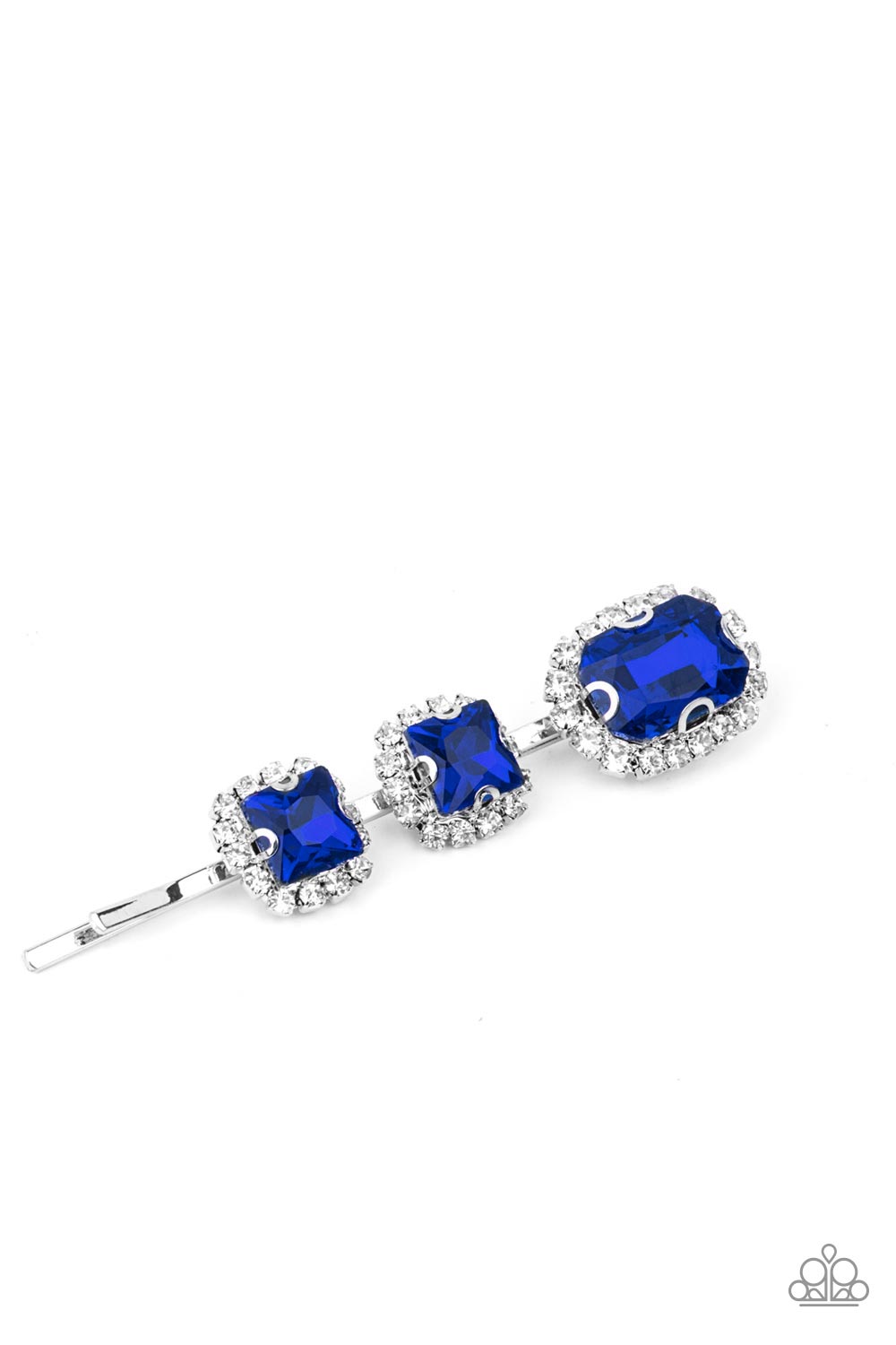 Bordered in rings of glassy white rhinestones, a trio of blue regal cut rhinestones embellishes the front of a classic silver bobby pin.  Sold as one individual decorative bobby pin hair clip.