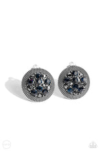Load image into Gallery viewer, A glitzy collection of blue and hematite rhinestones are encircled with a silver rope-like border, resulting in a smoldering centerpiece. Earring attaches to a standard clip-on earrings.  Sold as one pair of clip-on earrings.
