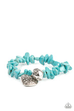 Load image into Gallery viewer, Infused with a hammered silver bead and a decorative silver heart charm, an earthy collection of turquoise pebbles are threaded along a stretchy band around the wrist for a whimsical fashion.  Sold as one individual bracelet.
