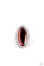 Load image into Gallery viewer, Bordered by a glitzy ring of white rhinestones, an oblong red gem embellishes the center of a dramatically oversized silver frame for a blinding finish. Features a stretchy band for a flexible fit.  Sold as one individual ring.

