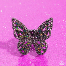 Load image into Gallery viewer, Dainty oil spill emerald-cut rhinestones are sprinkled across the gunmetal wings of a butterfly that is encrusted in dauntless hematite rhinestones for a dramatically dazzling finish. Features a stretchy band for a flexible fit.  Sold as one individual ring.
