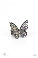 Load image into Gallery viewer, Dainty oil spill emerald-cut rhinestones are sprinkled across the gunmetal wings of a butterfly that is encrusted in dauntless hematite rhinestones for a dramatically dazzling finish. Features a stretchy band for a flexible fit.  Sold as one individual ring.
