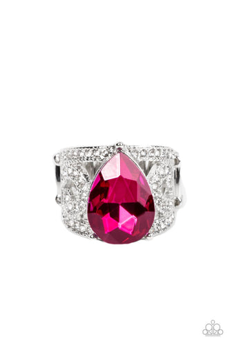 An oversized pink teardrop gem embellishes the center of a regal filigree filled band dotted in glassy white rhinestones, invoking a royal radiance atop the finger. Features a stretchy band for a flexible fit.  Sold as one individual ring.