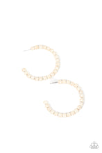 Load image into Gallery viewer, Earthy white stone beads are threaded along a dainty wire hoop, resulting in an earthy flair. Earring attaches to a standard post fitting. Hoop measures approximately 2&quot; in diameter.  Sold as one pair of hoop earrings.
