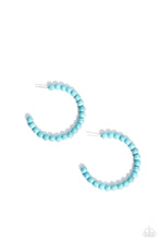 Load image into Gallery viewer, Refreshing turquoise stone beads are threaded along a dainty wire hoop, resulting in an earthy flair. Earring attaches to a standard post fitting. Hoop measures approximately 2&quot; in diameter.  Sold as one pair of hoop earrings.
