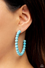 Load image into Gallery viewer, Refreshing turquoise stone beads are threaded along a dainty wire hoop, resulting in an earthy flair. Earring attaches to a standard post fitting. Hoop measures approximately 2&quot; in diameter.  Sold as one pair of hoop earrings.

