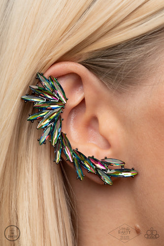 An explosion of marquise cut oil spill rhinestones delicately climb the ear, coalescing into a smoldering frame. Earring attaches to a standard post fitting. Features a clip-on fitting at the top for a secure fit.  Sold as one pair of ear climbers, crawlers.