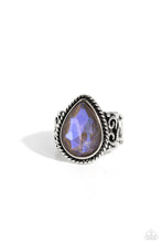 Load image into Gallery viewer, Featuring an iridescent UV finish, an oversized brown teardrop gem is pressed in the center of a textured silver frame atop a thick silver band whirling with silver filigree. Features a stretchy band for a flexible fit. Due to its prismatic palette, color may vary.  Sold as one individual ring.
