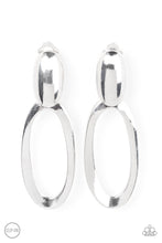 Load image into Gallery viewer, An asymmetrical silver oval hinges from the bottom of a spherical silver oval fitting, resulting in a radiant lure. Earring attaches to a standard clip-on fitting.  Sold as one pair of clip-on earrings.
