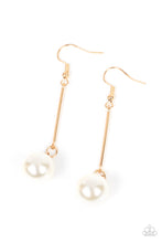 Load image into Gallery viewer, An oversized white pearl delicately links to the bottom of a sleek gold rod, adding a timeless twist to the classic pearl palette. Earring attaches to a standard fishhook fitting.  Sold as one pair of earrings.
