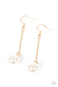 An oversized white pearl delicately links to the bottom of a sleek gold rod, adding a timeless twist to the classic pearl palette. Earring attaches to a standard fishhook fitting.  Sold as one pair of earrings.