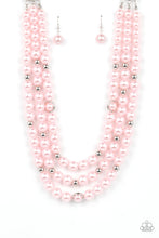 Load image into Gallery viewer, Infused with silver beads and silver rings, a bubbly collection of pink pearls are threaded along invisible wires that cascade into effervescent layers below the collar. Features an adjustable clasp closure.  Sold as one individual necklace. Includes one pair of matching earrings.
